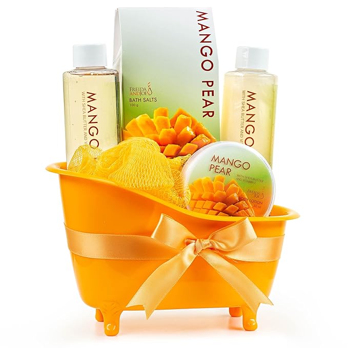 Tropical Mango Pear Fragrance Spa Set for Women - Bath & Body Set in Stylish Orange Tub - Gift Ready with Shower Gel, Body Lotion, Bubble Bath, Bath Salts, and Bath Puff – Mother's