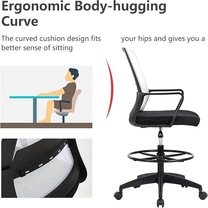 BestOffice Drafting Chair Tall Office Chair Adjustable Swivel Rolling Mesh Height with Lumbar Support Arms Footrest Mid Back for Adults Standing Desk Drafting Stool (Light Pink)