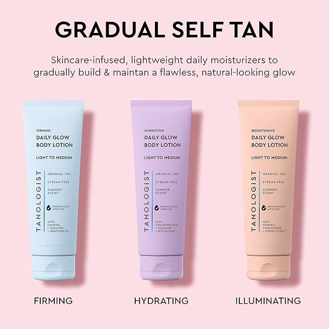 Tanologist Firming Daily Glow Body Lotion- Light/Medium, Fast-Developing, Transfer-Proof Gradual Self Tanner, Summer Scent, Natural Not Orange, Lasts 7 Days, Vegan Formula, 8.45 fl oz