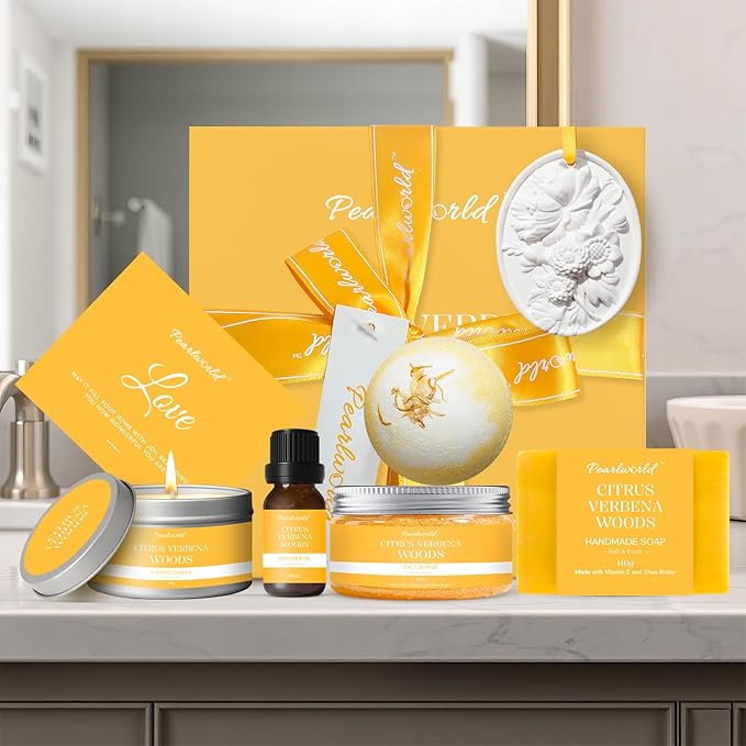 Valentine's Day Spa Gift Set for Women, Citrus Verbena Bath Set Self Care for Women, Nourishing 7 Piece Home Spa Set, Birthday Gift For Mom