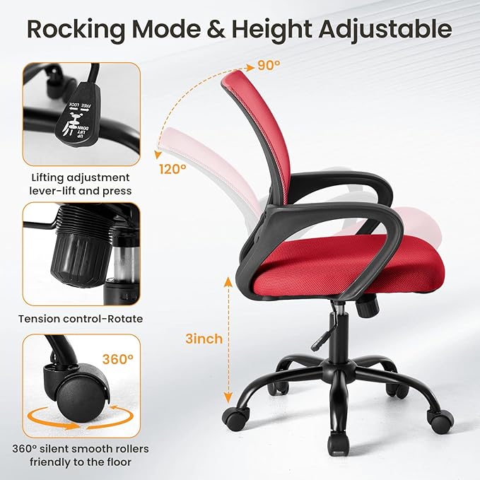 NEWBULIG Red Computer Desk Office Chair, Ergonomic Mid-Back Swivel Rolling Chair with Breathable Backrest and Lumbar Support Wheels, Mesh Office Chairs for Adults Home Task Gaming,2 Pack