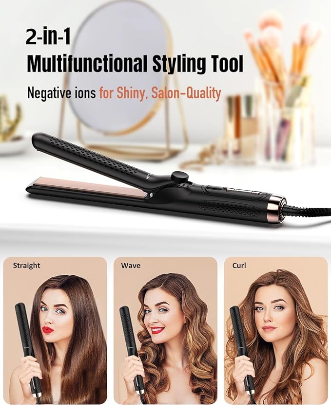 360° Airflow Styler, 2 in 1 Hair Straightener and Curling Iron 1.25 Inch with Vented Cool Air to Lock in Style, Extra Long Flat Iron, Dual Voltage for Travel, LCD Display