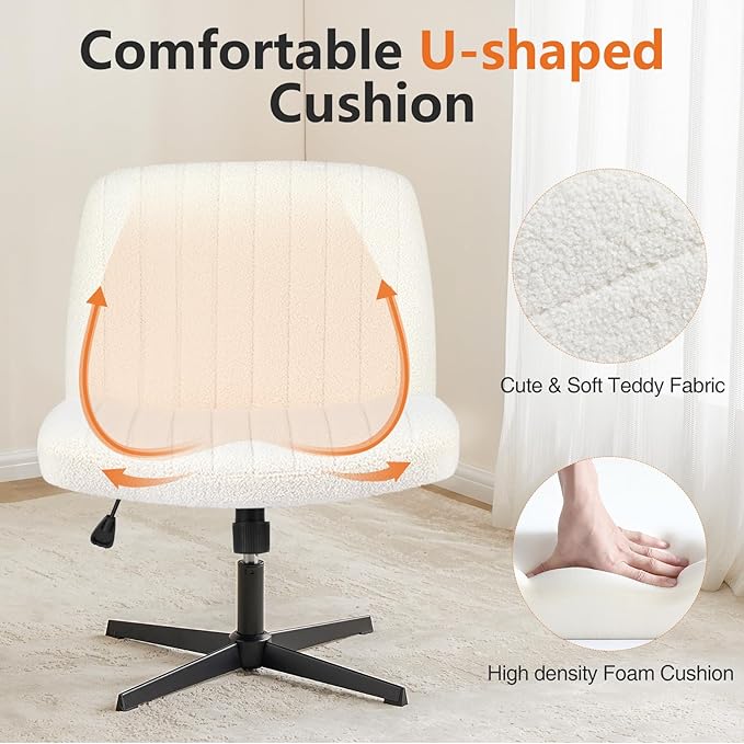 Sweetcrispy Criss Cross Chair Legged, Armless Office Swivel Desk Chair No Wheels, Vanity Height Adjustable Wide Seat Comfy Cute Computer Task Seating for Home Bedroom