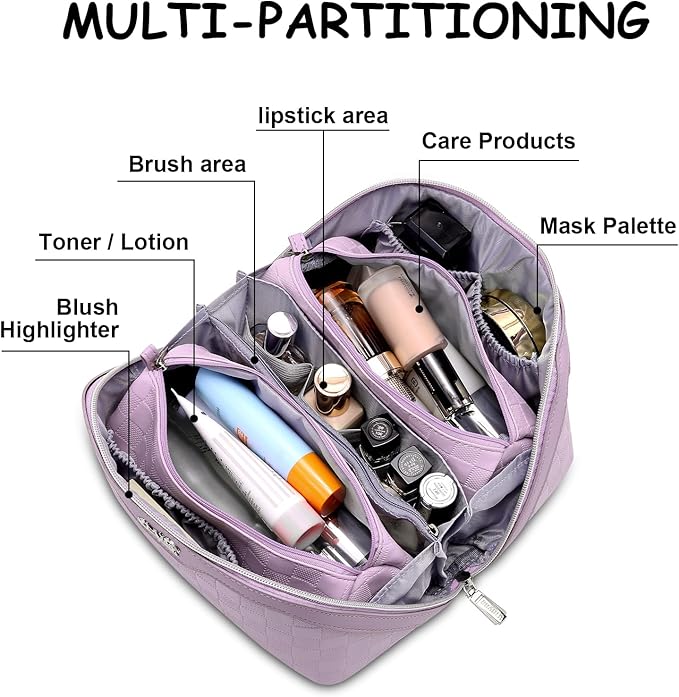 BOYATU Travel Makeup Bag Organizer: 3 Pcs Set Large Capacity Cosmetic Bags Holds 10–20 100ml Full-Size Bottles - 180°Open-Flat Make up Case 3-sec touch-up - Toiletry Bag Gift women (01-F-Purple)