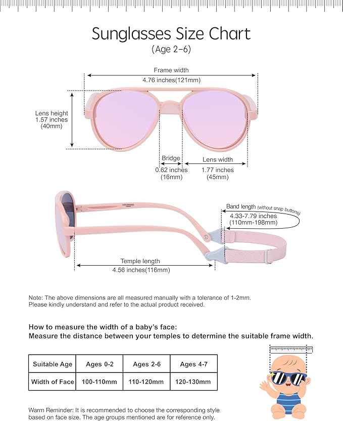 COCOSAND Baby Boys Girls Aviator Sunglasses with Strap Polarized Flexible Retro Pilot for Infants Toddler Age 0-24 Months