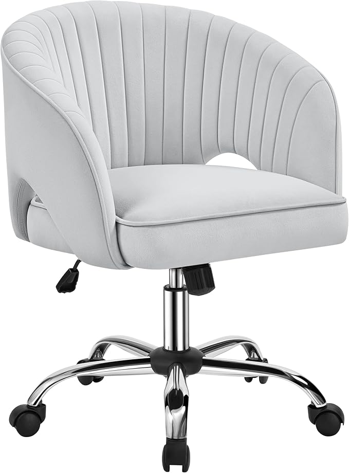 Yaheetech Velvet Swivel Vanity Chair with Back Upholstered Home Office Desk Armchair with Wheels Small Desk Chair for Bedroom Light Gray