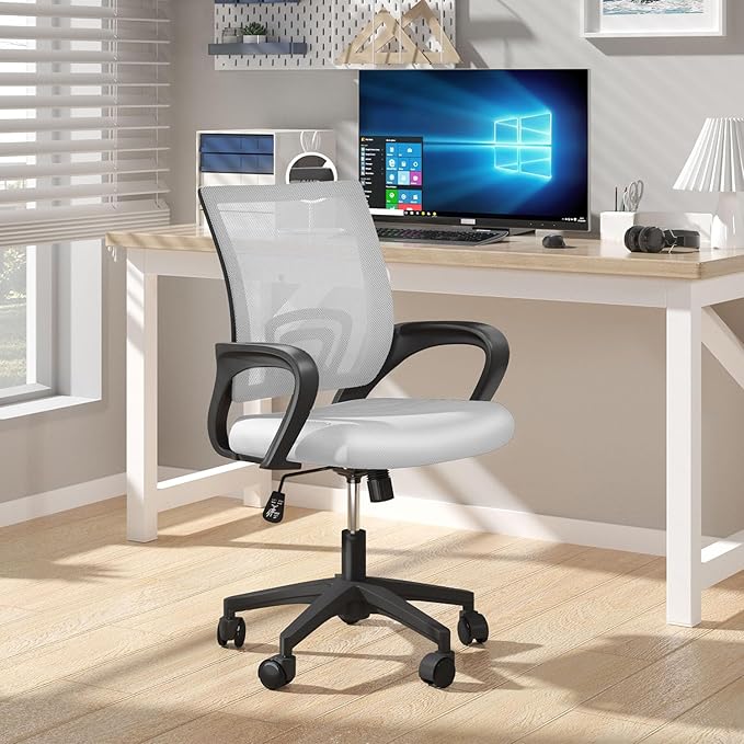 Home Office Chair, Ergonomic Mid-Back Mesh Desk Chair with Lumbar Support, Adjustable Swivel Rolling Design, Comfy Armrest for Work, Study, Gaming, Vanity (White, Single Chair)