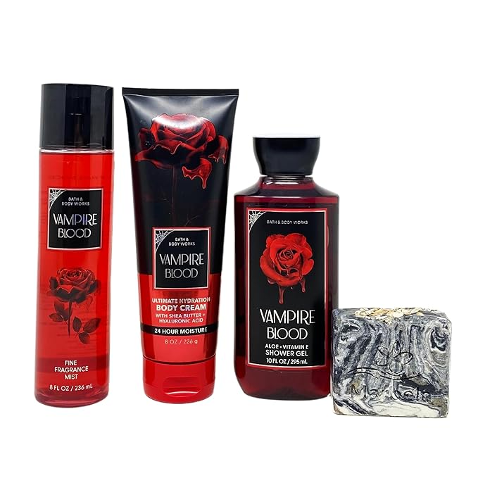 Bath & Body Works Holiday Special VAMPIRE BLOOD 3 Piece Bundle - Fragrance Mist - Body Cream - Shower Gel - with a Charcoal Scrub Bar Soap