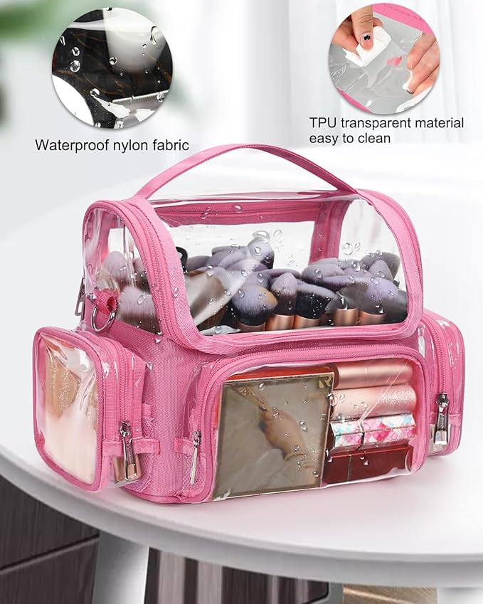Pink Makeup Brush Bag, Large Makeup Brush Holder Professional Makeup Artist Travel Case Clear Waterproof Cosmetic Organizer Bag, Full Open Easy to Access, with Adjustable Strap and Dividers