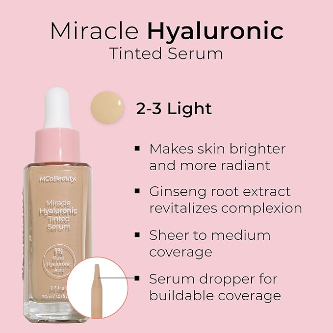 MCoBeauty Miracle Hyaluronic Tinted Serum 2-3 Light - Hydrating Skin Tint Foundation with Hyaluronic Acid Ginseng - Buildable Sheer to Medium Coverage Dewy Finish - Vegan Cruelty Free Makeup