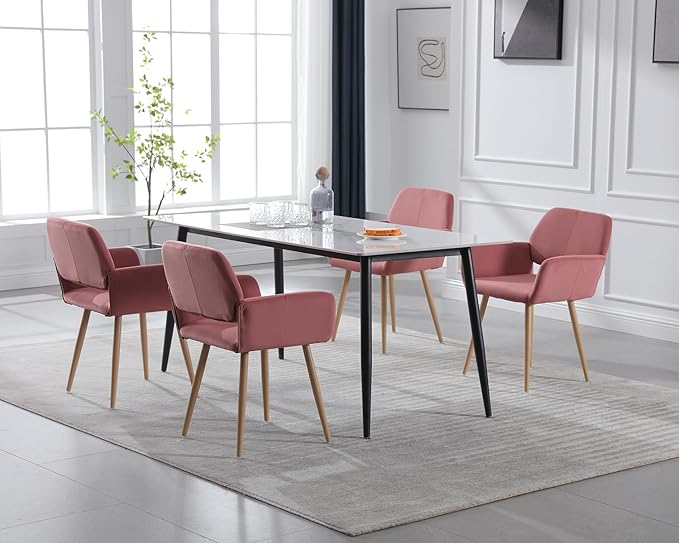 KCC Small Modern Dining Room Arm Chairs Set of 2, Mid-Century Upholstered Velvet Side Seat Club Guest with Metal Tube Legs for Kitchen, Living Room, Rose