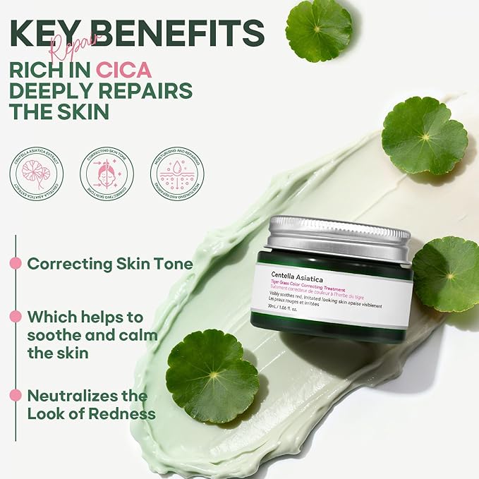 Green Color Corrector CC Cream with Centella Asiatica, Soothing Color Correcting Treatment for Face Rednes and Sensitive, BB Cream &Tinted Moisturizer Blurs Skin, Natural, Luminous Finish