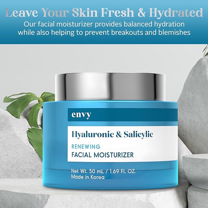 Envy Hyaluronic & Salicylic Acid Face Moisturizer Cream - Hydrating, Acne Scar Reduction & Anti-Aging Day Cream - Dermatologist Tested, Clean Beauty for All Skin Types - 1.69 Fl. Oz