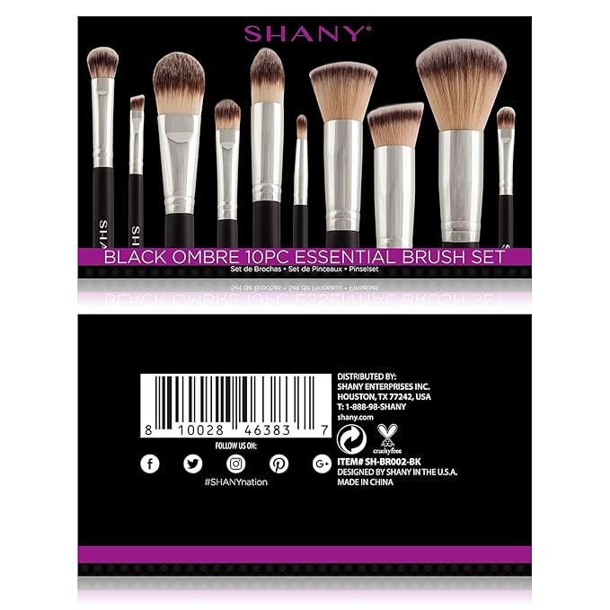 SHANY Makeup Brush Set Black OMBRE Pro 10 Piece Essential Professional Make up Brush Set - Foundation Powder Concealers Eye Shadow Brushes with Cosmetics Brush Travel Case - Upgraded
