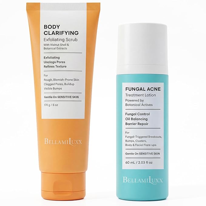 Fungal Acne Care 2-Step Routine: Helps with Bumps, Clusters, Itch & Redness – Body Acne Scrub + Lightweight Anti-Fungal Face & Body Lotion for Fungal Skin with Natural Actives