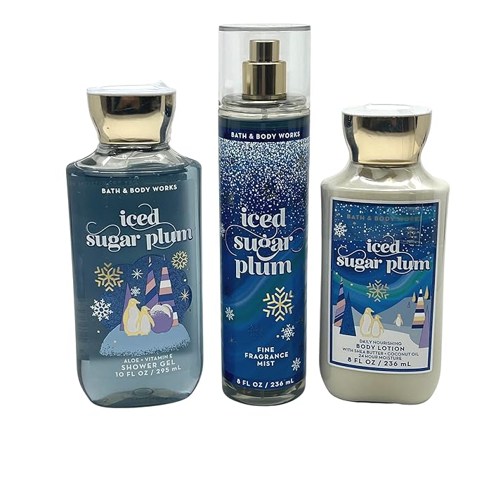 Bath & Body Works - Iced Sugar Plum - 3 pc bundle - Shower Gel 10 fl oz, Fine Fragrance Mist 8 fl oz, and Aloe + Vitamin E Body Lotion 8 fl oz