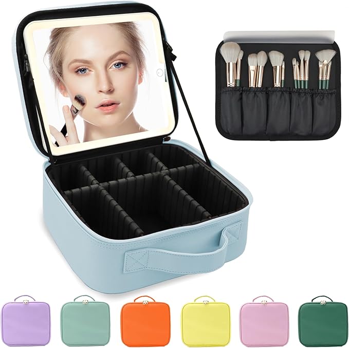 Makeup Bag with Led Mirror,Large Vanity Makeup Cases with 3 Color Setting,Portable Storage and Adjustable Dividers,for Women and Makeup Artists Cosmetic Organizer Travel Makeup Bag-Light Blue