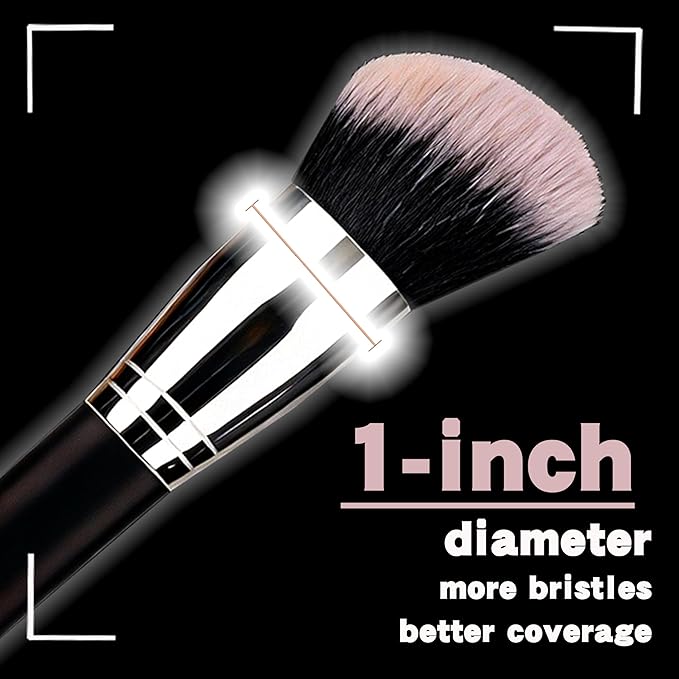Dual-Ended Foundation Makeup Brush -Large 1 Inch Bristles Black Wooden Handle Aluminum Ferrule Foundation &Powder Brush Wet & Dry Use for Professional and Daily Full Coverage Flawless Finish