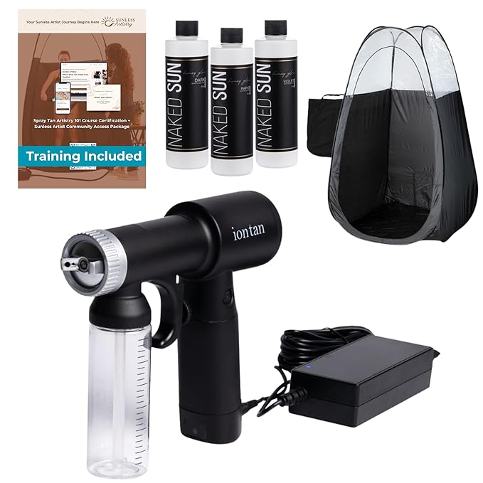 Naked Sun IonTan Pro Corded Portable Spray Tan Machine with Honey Glow Tan Solution and Professional Tanning Tent and Carry Bag Bundle also includes comprehensive Spray Tan Tranning Course.