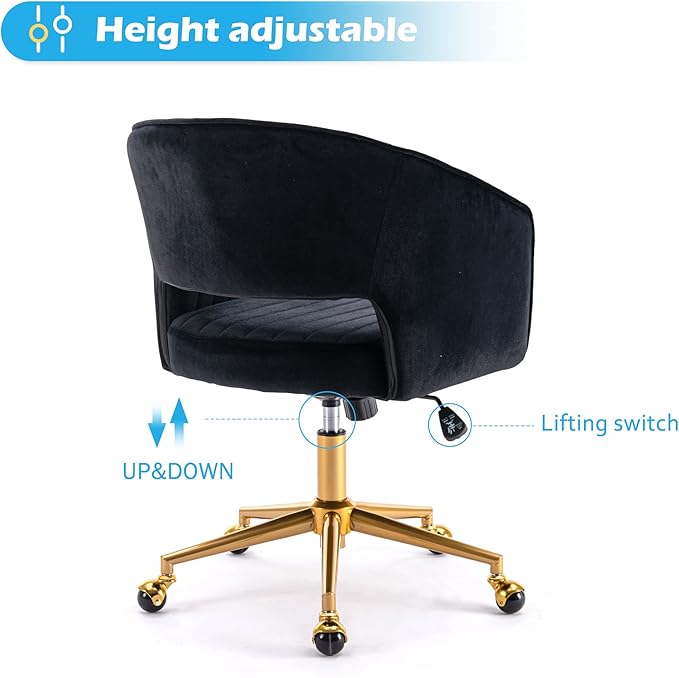 Home Office Chair Swivel Velvet Desk Chair Accent Armchair Upholstered Modern Tufted Chairs with Gold Base for Girls Women Ergonomic Study Seat Computer Task Stools for Living Room(Black)