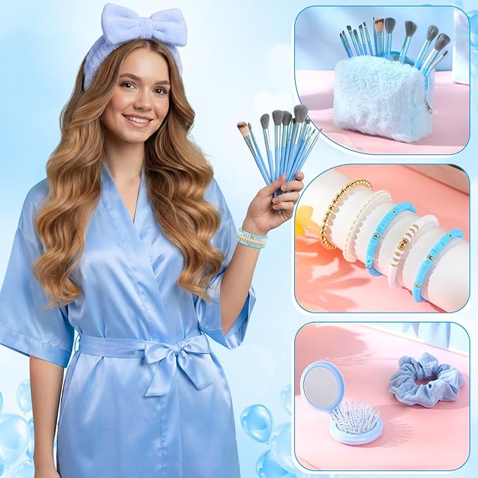 15 Pcs Birthday Gifts for Women Robe Sets for Women Spa Basket Set Graduation Gifts Bath Robe Make up Brushes Scented Candle Fluffy Socks Coffee Cup for Mom Nurse Girlfriend Wife (Blue)