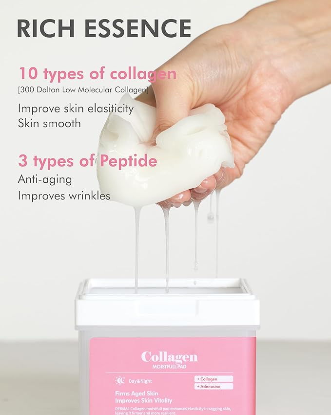 DERMAL Collagen Moistfull Lifting Toner Pad 120 Count Bulk, Korean Anti Aging Firming Pad with 10 Collagen Types and 3 Peptides, 300 Dalton Low Molecular, Large Vegan Tencel Square Pad with Tongs