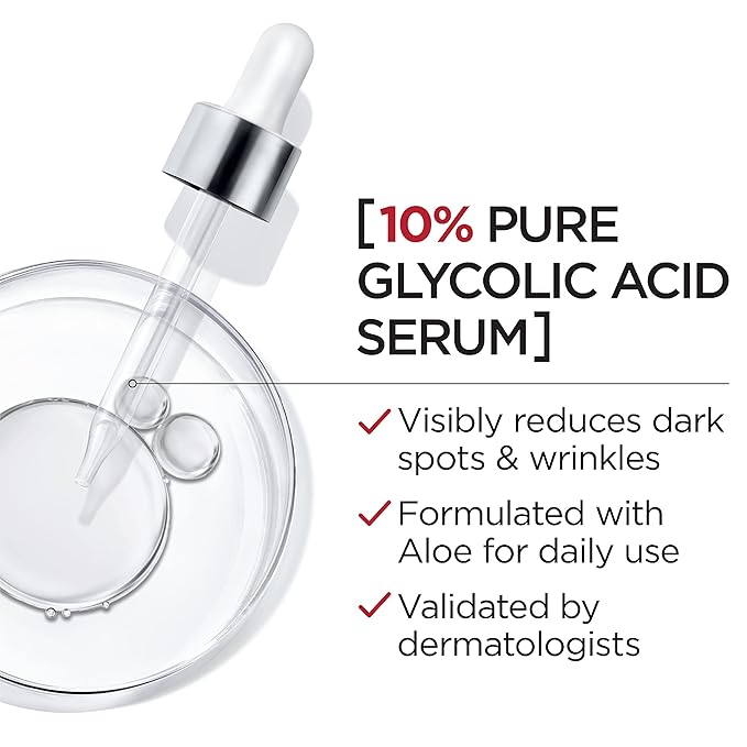 L'Oreal Paris Revitalift 10% Pure Glycolic Acid Face Serum, Visibly Evens Tone & Reduce Wrinkles, Fragrance Free 1.0 fl oz (30ml)