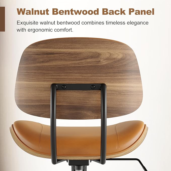 Armless Office Chair with Wheels, PU Leather Adjustable Height Desk Chair, 360° Swivel Ergonomic Computer Chair for Small Space, Modern Walnut Style, Home Office & Meeting Room, Brown