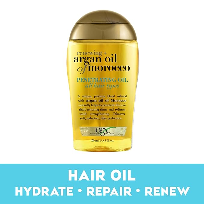 OGX Renewing + Argan Oil of Morocco,Cold-Pressed Argan Oil for Hair Penetrating Treatment & Shine,Moisturizing & Strengthening Silky-Oil for All Hair Types,Paraben-& Sulfate Free,3.3 fl oz,(Pack of 2)