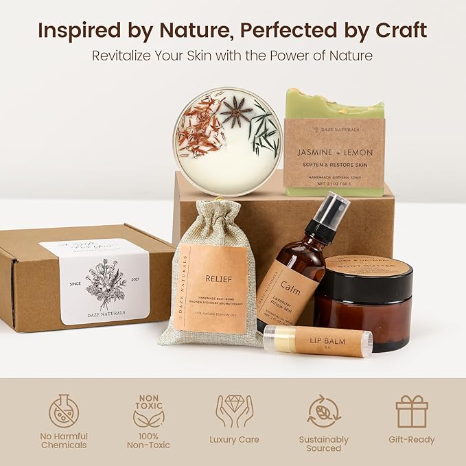 Bath Gift Set, Spa Gifts for Women, Self Care Products for Women, Jasmine & Lemon Soap Bar, Calm Pillow Mist, Bath Bomb & Shower Steamer, Body Butter and Lip Balm
