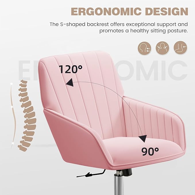 YISHENG Velvet Office Desk Chair with Silver Base, with Wheels,Modern Height Adjustable 360 Degree Swivel Upholstered Vanity Chairs with Arms for Living Room Bedroom,Pink
