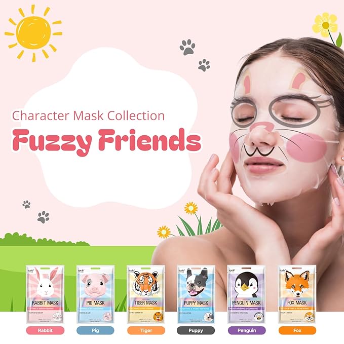 Epielle Character Face Mask Fuzzy Friends 6 Pack, Fun & Effective Korean Skin Care, Spa Party Favors, Easter Basket Stuffers, Birthday Gifts for Women, Self Care Gifts