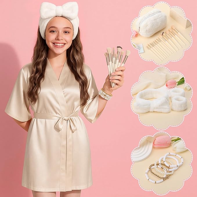 15 Pcs Birthday Gifts for Women Robe Sets for Women Spa Basket Set Graduation Gifts Bath Robe Make up Brushes Scented Candle Fluffy Socks Coffee Cup for Mom Nurse Girlfriend Wife(Champagne)