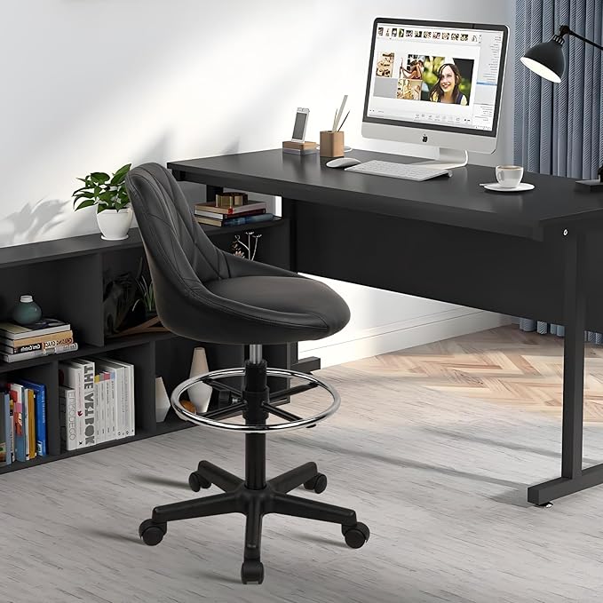 Tall Drafting Chair with Back and Wheels, Adjustable Height&Footrest Rolling Swivel Stool, Leather High Barstools for Work Shop Office Stools for Kitchen Home Bar Standing Desk, 2 Pack