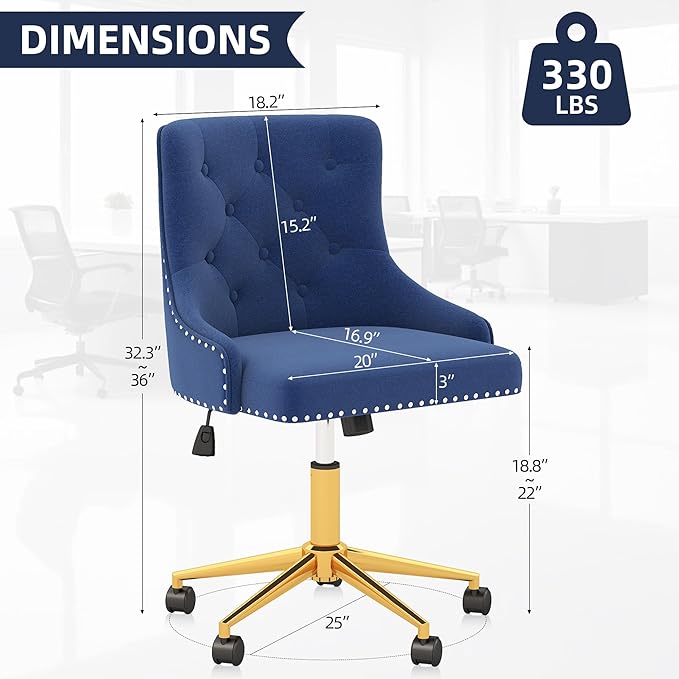 Westice Home Office Desk Chairs, Upholstered Velvet Swivel Desk Chair with Tufted Back, Gold Metal Base & Wheels, Height Adjustable Vanity Makeup Chair for Bedroom Living Room, Blue