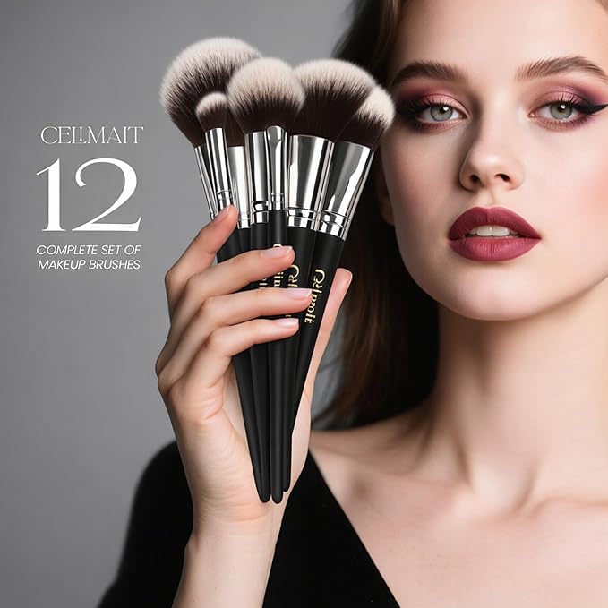 Makeup Brushes Set Professional & Beginner Friendly with Uniquely Designed Case, Soft Synthetic Bristles for Foundation Contour Blush Concealer Highlight Blending Eyeshadow, 12Pcs(Dark Black)