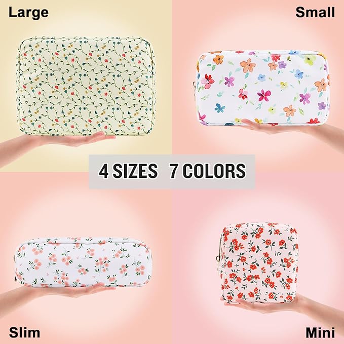 Nylon Mini Floral Makeup Bag for Purse, Small Cute Makeup Bag Preppy Cosmetic Zipper Pouch, Waterproof Travel Set Coin Pouch Sanitary Napkin Storage Bag Makeup Organizer for Women(Light Yellow-Flower)