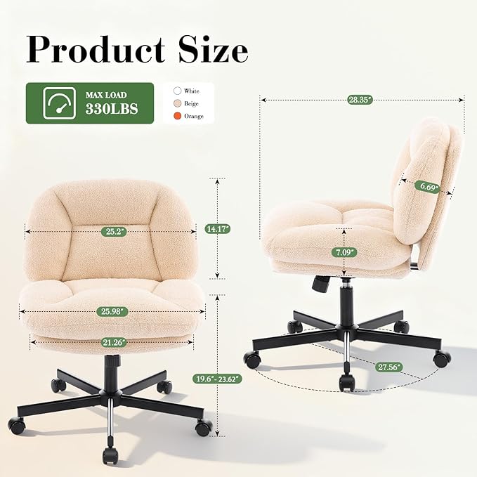 Criss Cross Chair, Thick Cushioned Ergonomic Cross Legged Office Chair with Wheels, Armless Swivel Vanity Chair, Height Adjustable Wide Computer Desk Chair for Home and Office, Beige