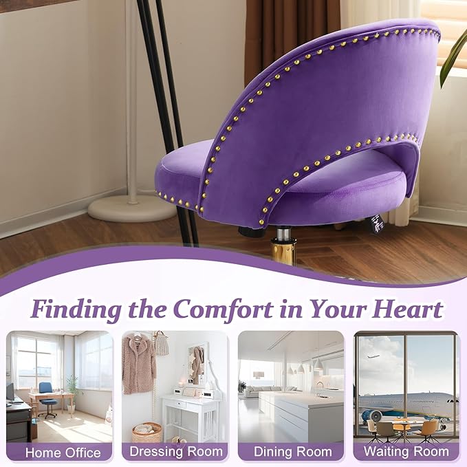 VINGLI Modern Velvet Small Office Chair,Cute Desk Chair with Wheels,Gold Base/Studs, Comfy Armless Swivel Vanity Task Chair for Women/Girl/Kids, Nail Tech Chair for Bedroom,Small Space,Violet Purple