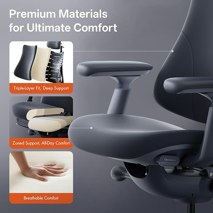 LiberNovo Dynamic Ergonomic Office Chair - Comfy Adjustable Desk Chair with Adaptive Lumbar Support, 160° Recline & Built-in Spine Stretch for Back Comfort, Home Office Long Hours Use, Gray+48cm