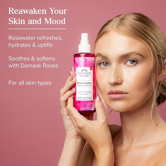 HERITAGE STORE Rosewater Face Mist and Rosewater Serum - Dewy Skin Bundle - Refreshing Facial Spray and Deep Hydration Face Serum w/Hyaluronic Acid - Hypoallergenic, Vegan, 60-Day Guarantee, 8oz, 2oz