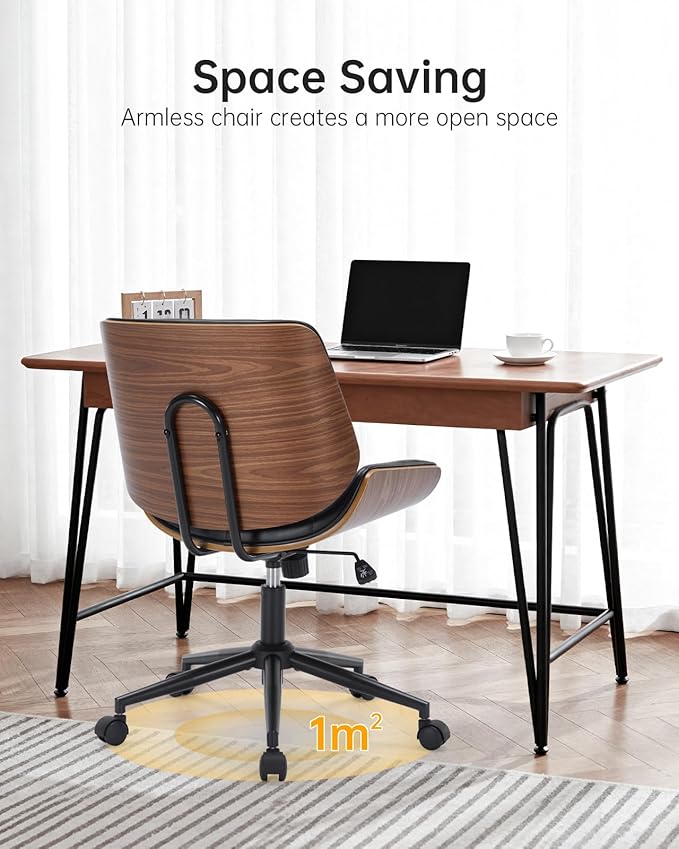 Leather Home Office Chair No Arms,Armless Adjustable Height Small Desk Chair,Swivel Computer Chair with Wheels,Mid-Century Modern Walnut Mid Back Chair for Office, Reading Room,Bedroom(Black)