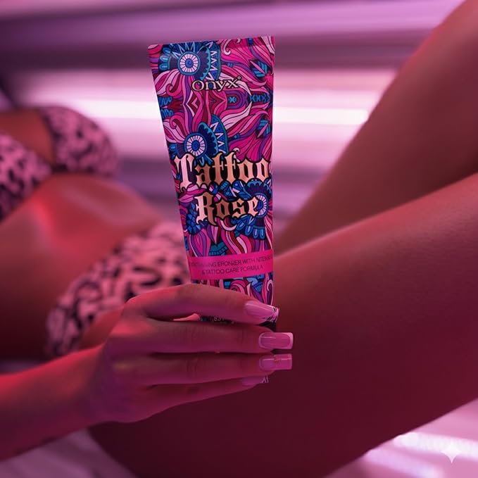 Tattoo Safe Tanning Bed Lotion - Indoor Dark Tanning Accelerator with Fade Protection | Tattoo Color Enhancer & Hydrating Skin Formula (Rose 8.5 Fl Oz)