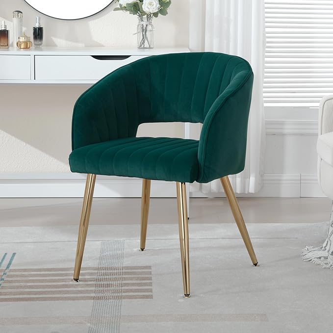 Westice Velvet Home Office Desk Chair Set of 1, Modern Tufted Vanity Chairs with Gold Metal Legs, Upholstered Accent Armchair for Living Room Restaurant, Dark Green