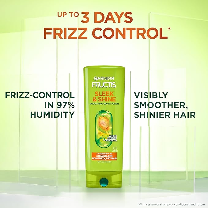 Garnier Fructis Sleek & Shine Conditioner, Smoothing Conditioner for Frizzy, Dry Hair with Argan Oil and Vegan Keratin, 33.8 Fl Oz (Packaging May Vary) (Pack of 2)