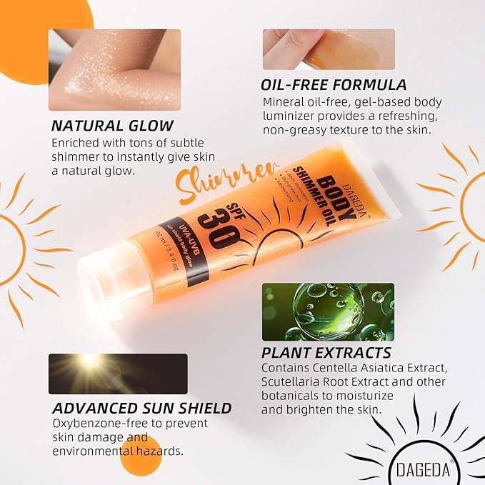 DAGEDA Body Glow Oil, SPF 30 Broad Spectrum Glitter Sunscreen, Lightweight, Non-sticky Sunscreen Body Shimmer, Sun Protection with Centella Asiatica Extract, UVA/UVB Protection, Gold 3.4 fl.oz