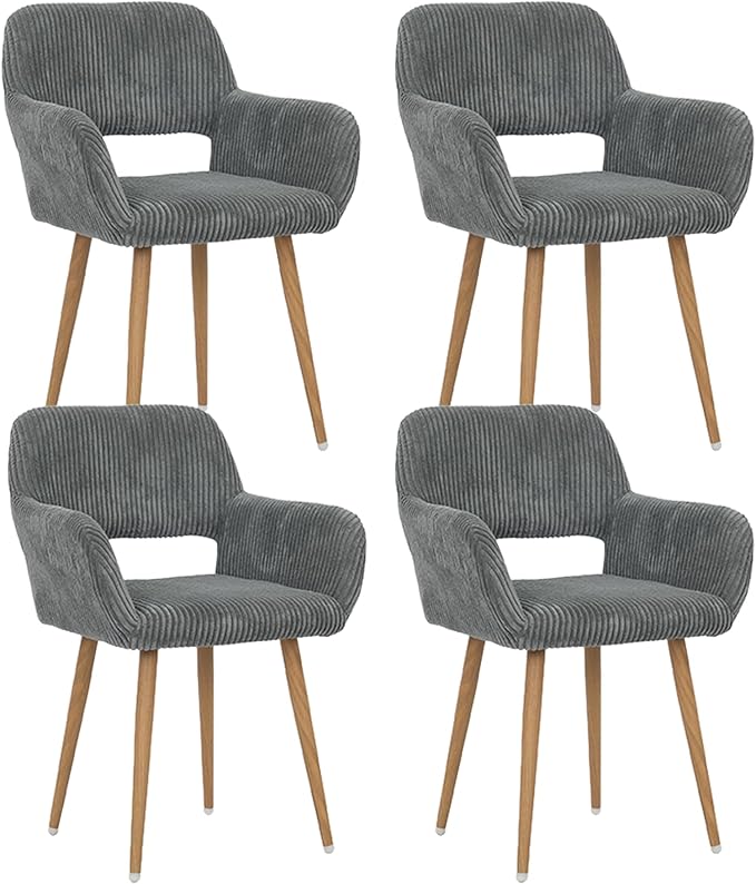 KCC Small Modern Dining Room Arm Chairs Set of 4, Mid-Century Upholstered Corduroy Fabric Side Seat Club Guest with Metal Tube Legs for Kitchen, Living Room, Gray
