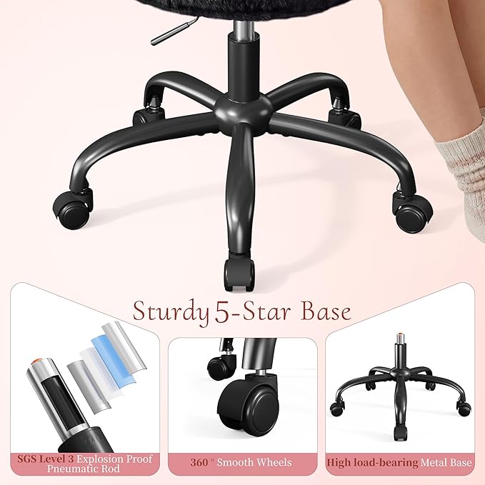 Vanity Chair with Wheels, Cute Desk Chair with Bow Backrest, Fluffy Faux Rabbit Fur Small Office Chair for Vanity, Make-up Room, Bedroom, Dorm, Height Adjustable, Black