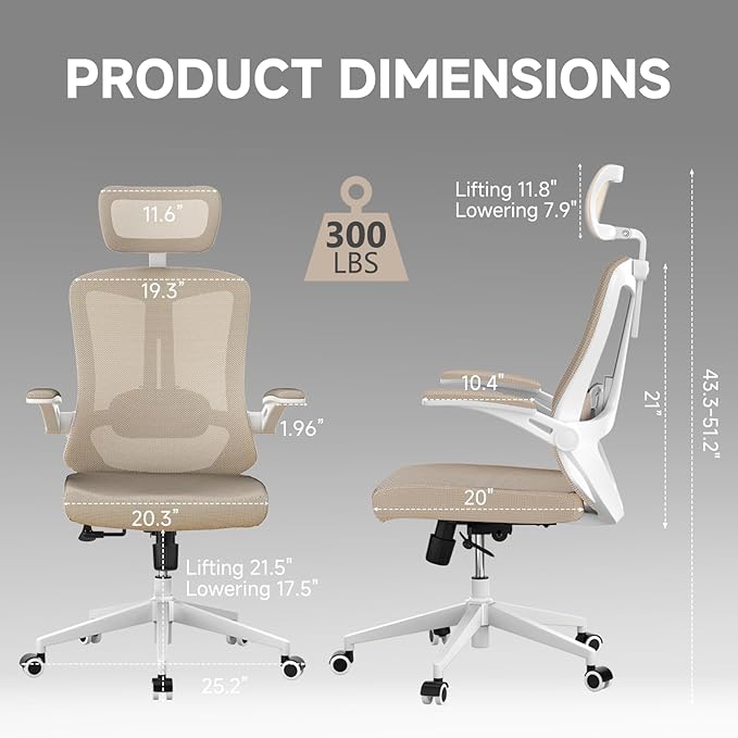 Ergonomic Office Chair with Adjustable Lumbar Support & Flip-Up Armrests - High Back Computer Desk Chair with Thickened Seat Cushion, Rolling Wheels for Home/Office Study Work (07khaki)