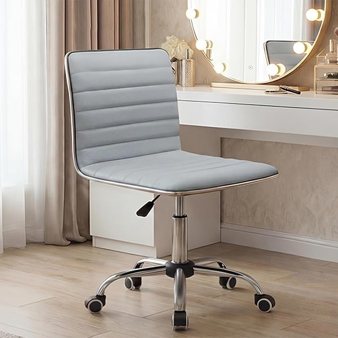 Furmax Vanity Office Desk Chair with Wheels, Armless Small Cute Leather Makeup Computer Task Chair Adjustable Height 360° Swivel (Light Grey)
